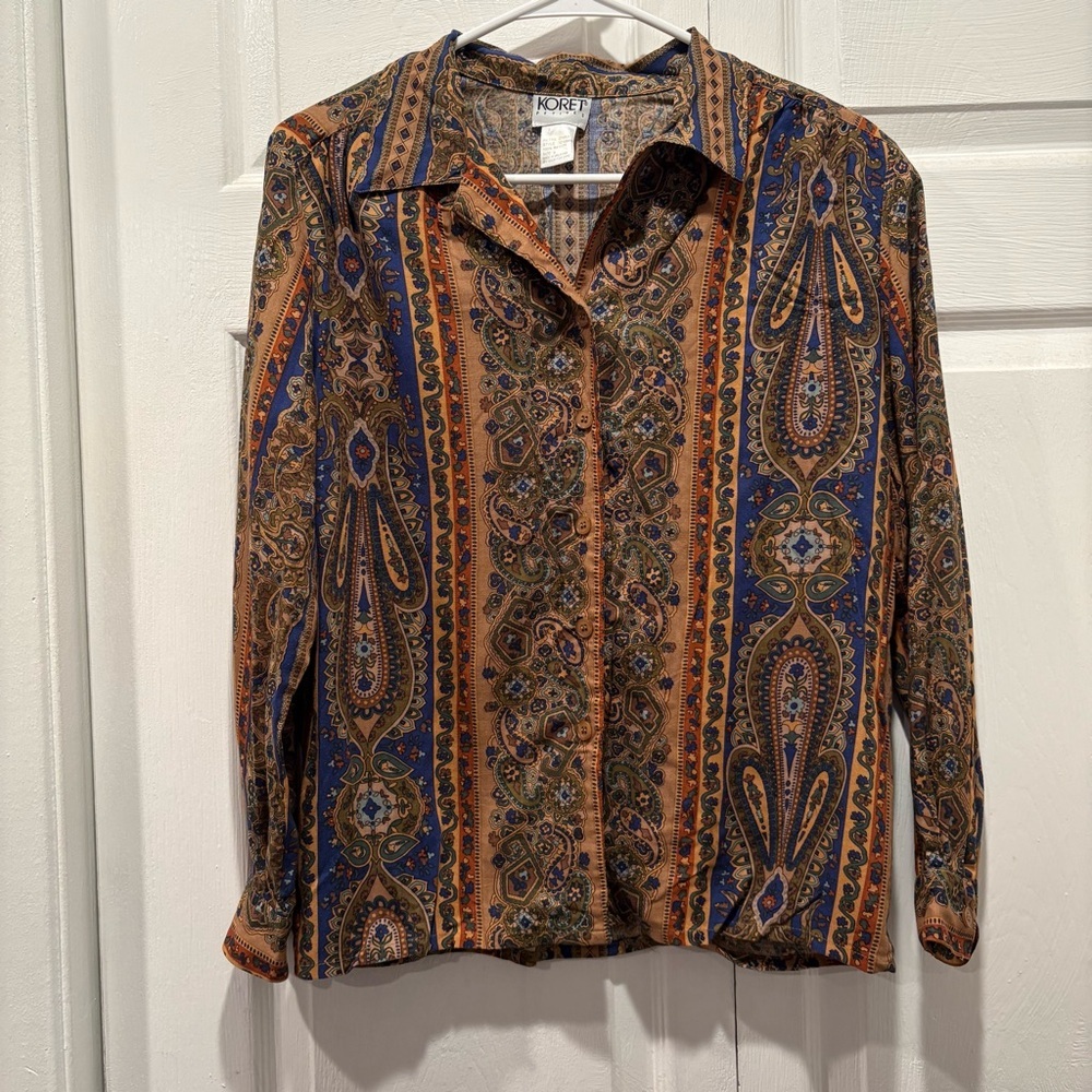 Vintage Koret Brown & Blue Paisley Patterned Button Up Top - Size 8